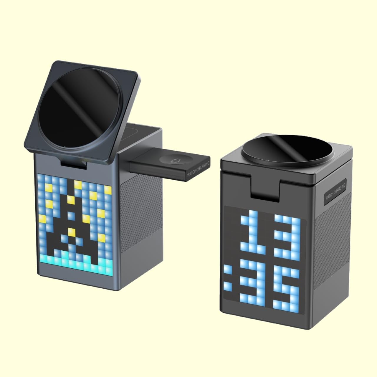 Two pixelated trash cans with digital display on a beige background
