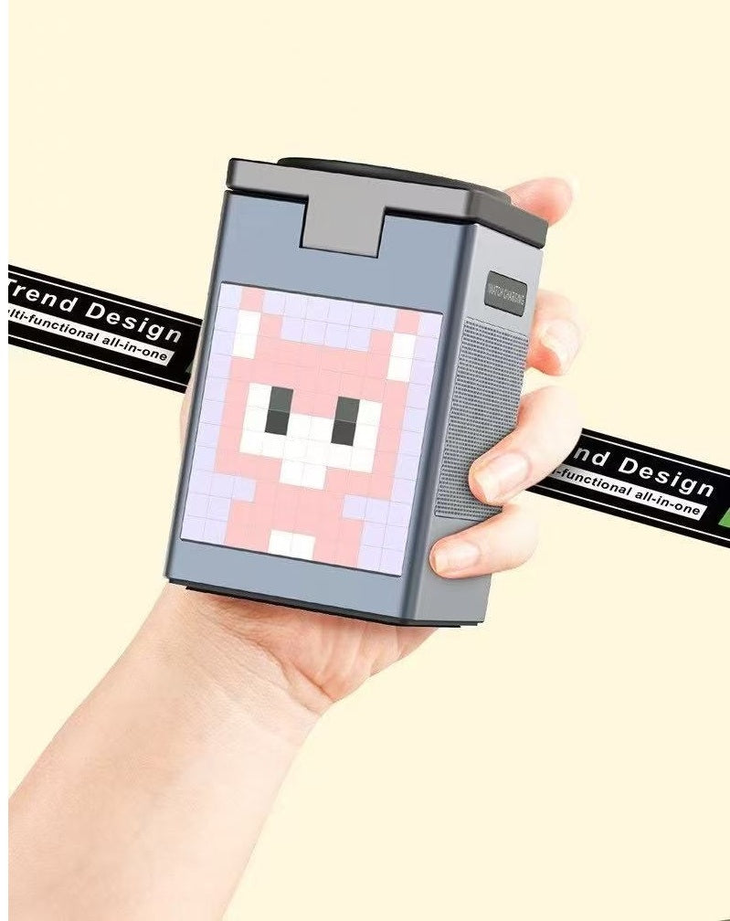 Pixelated design on a small electronic device held by a hand with 'Trend Design' branding.