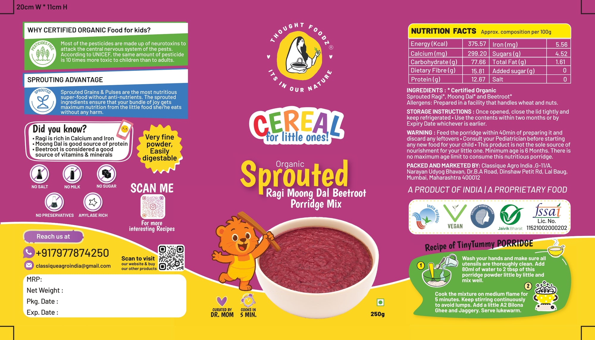 100% Organic Sprouted Ragi, Moong Dal, Beetroot Porridge Mix - 250g