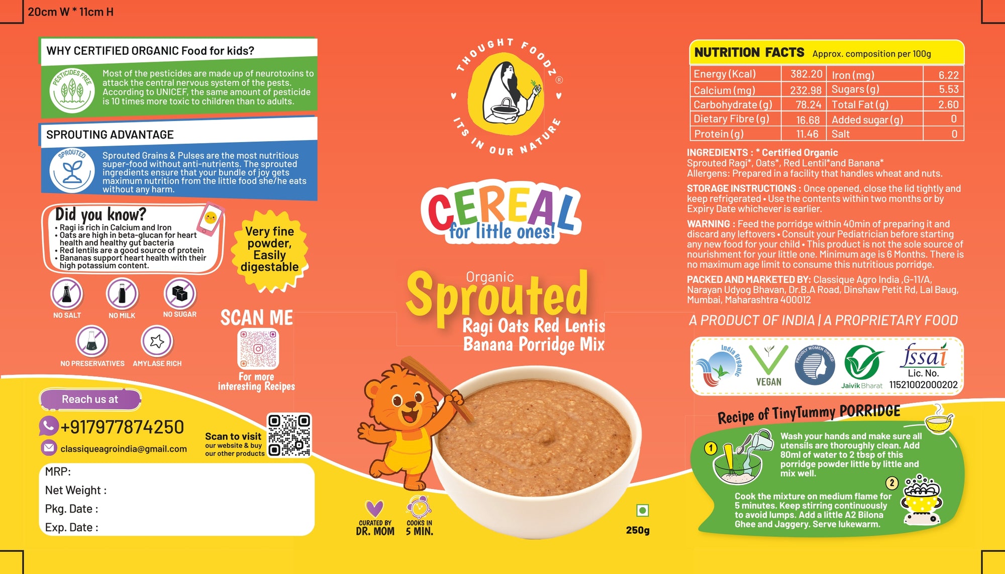 100% Organic Sprouted Ragi, Oats, Red Lentil, Banana Porridge Mix - 250g