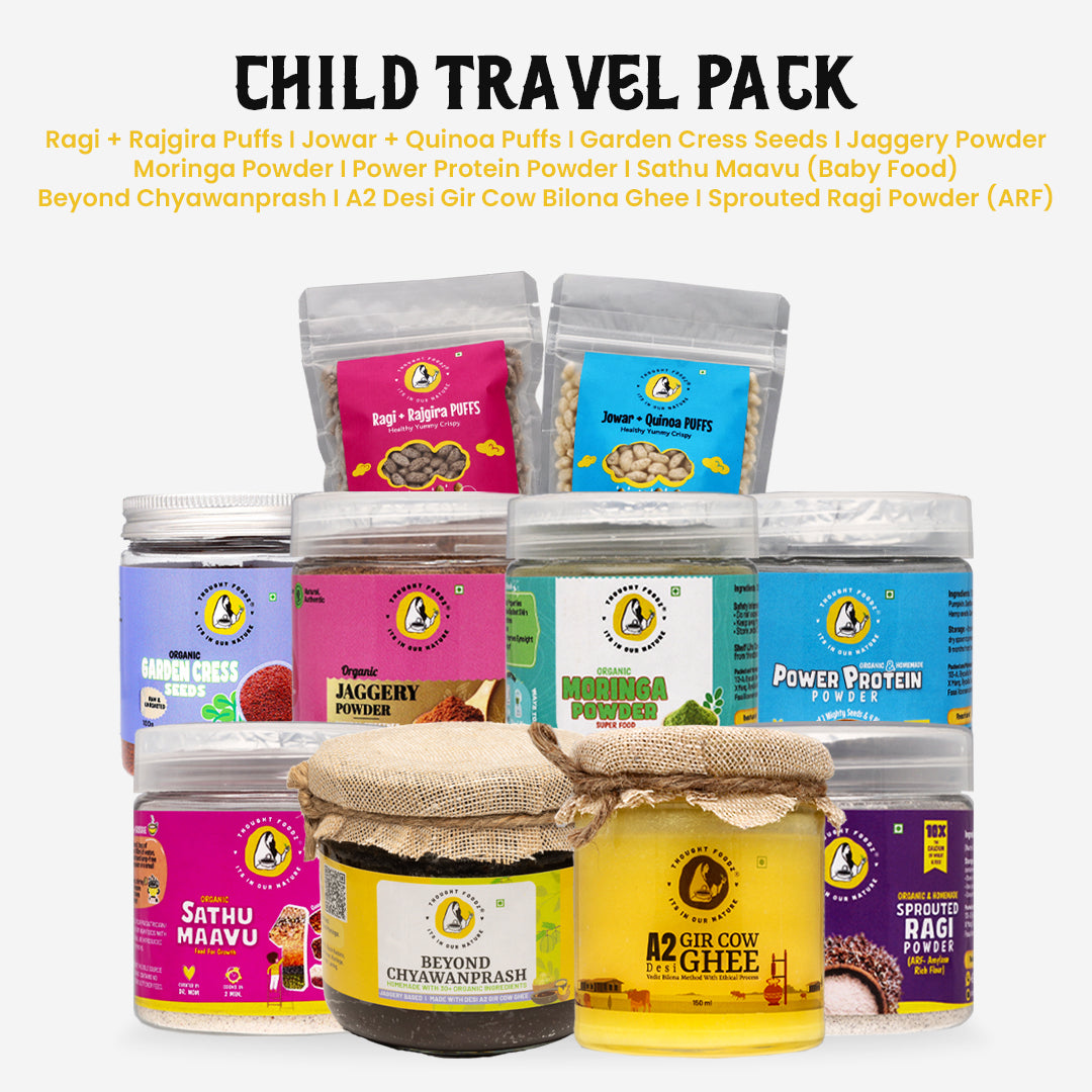 Child Travel Pack | Nutritional Essentials for Kids On-the-Go | Sathu Maavu, Sprouted Ragi Atta, A2 Gir Cow Ghee, Jaggery Powder & More