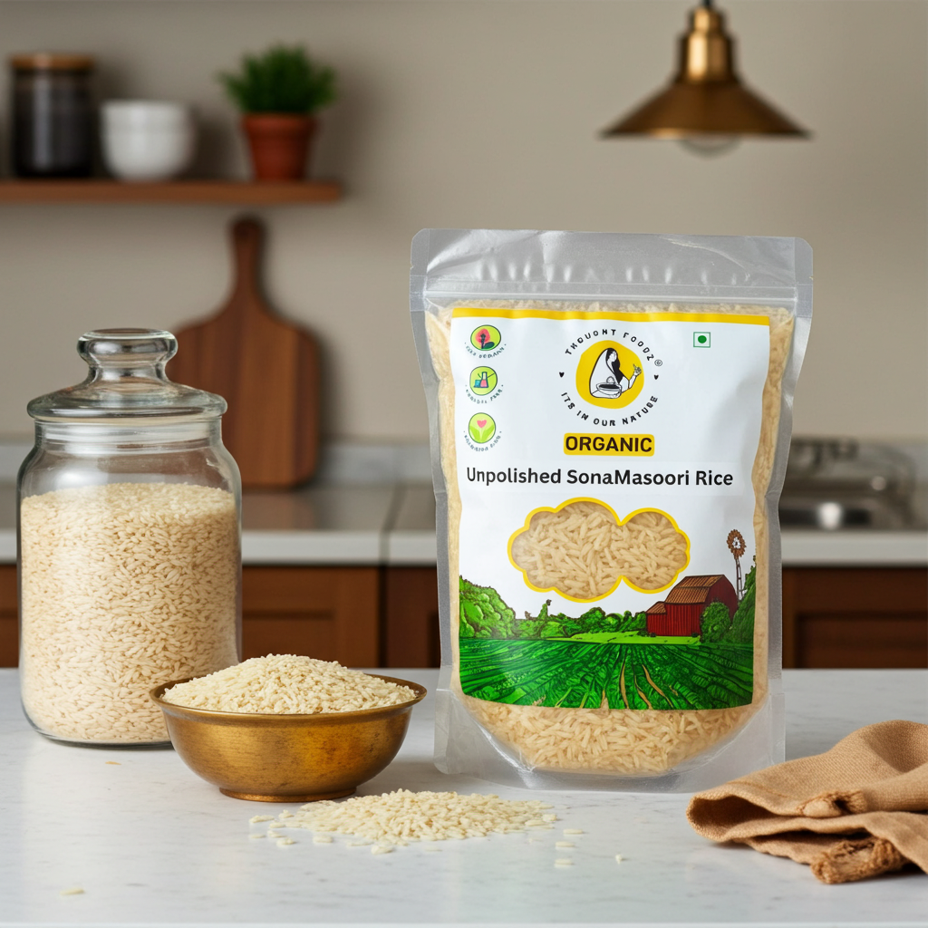 Unpolished Sona Masoori Rice – 1kg | Organic Whole Grain, Naturally Aromatic & Low GI Rice for Everyday Meals