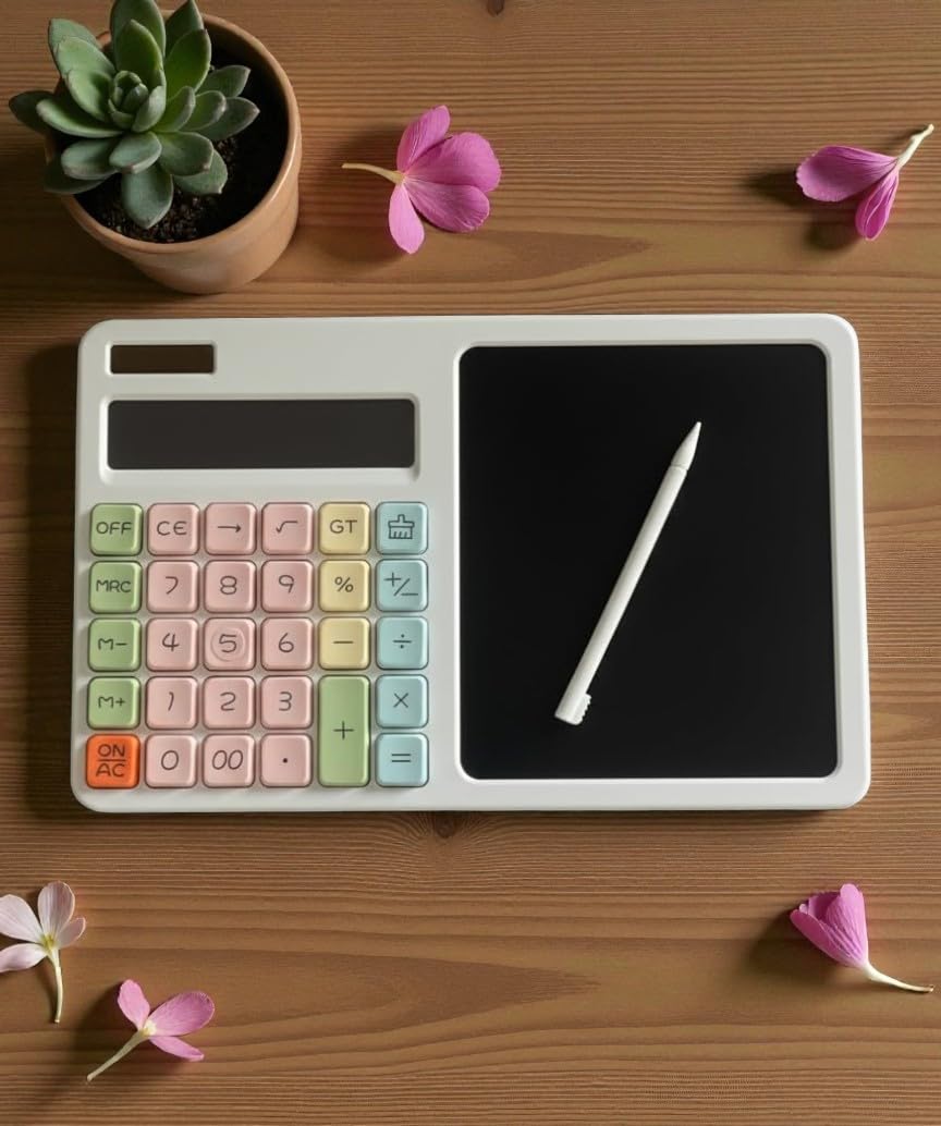 2-in-1 Calculator & LCD Writing Pad with 7.5 Inches Tablet, 12 Digits, Stylus Pen (White)